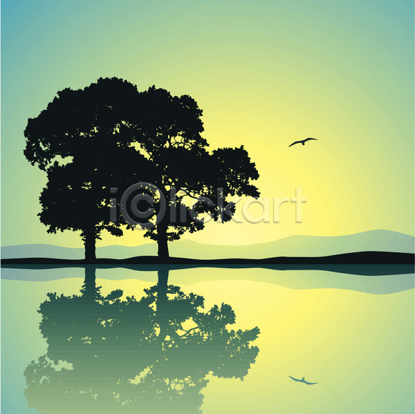 사람없음 EPS 실루엣 일러스트 해외이미지 나무 노을 물 반사 수평선 조류 초록색 풍경(경치) 한마리 해외202004 호수
