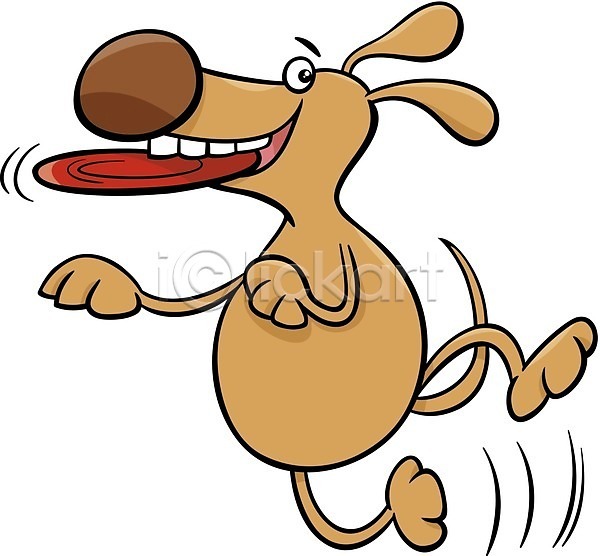 귀여움 사람없음 EPS 일러스트 해외이미지 갈색 개 만화 반려동물 점프 캐릭터 프리스비