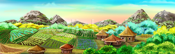 사람없음 JPG 일러스트 포토 해외이미지 가득함 그림 디지털 마을 만화 밥 백그라운드 산 시골 식물 야외 여름(계절) 주택 중국 초록색 파노라마 하늘 해외202004