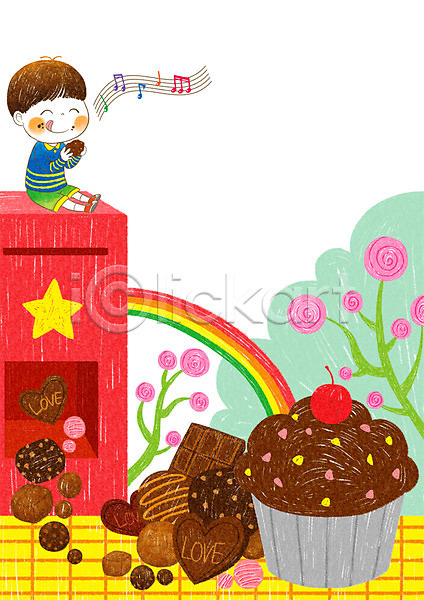 즐거움 남자 사람 소년 소년한명만 어린이 한명 PSD 일러스트 디저트 무지개 어린이세상 오선지 음식 음표 초콜릿 컵케이크 쿠키