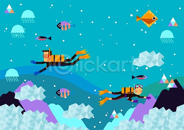 남자 두명 사람 성인 여자 PSD 일러스트 계절 바다 바닷속 사계절 스쿠버다이빙 스포츠 어류 여름(계절) 잠수 전신 커플 해파리