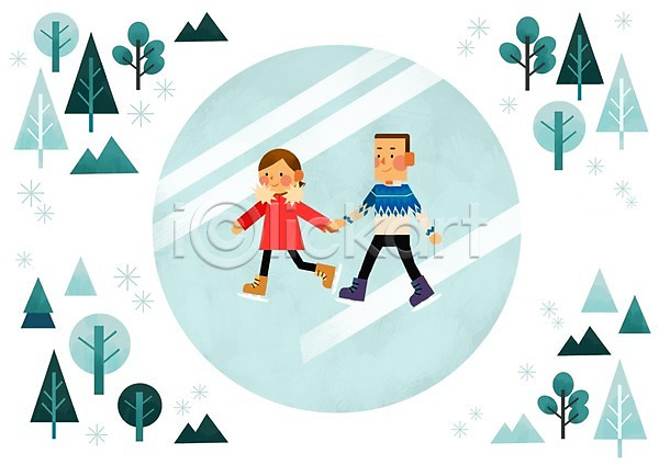 남자 두명 사람 성인 여자 PSD 일러스트 겨울 계절 나무 눈(날씨) 사계절 손잡기 스케이트 얼음 전신 커플
