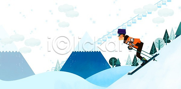 남자 사람 성인 한명 PSD 일러스트 겨울 겨울스포츠 계절 나무 눈(날씨) 사계절 산 스키 스키장 스포츠 승차 전신