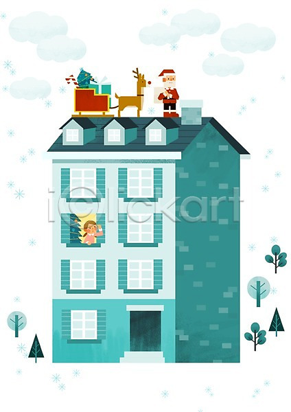 두명 사람 성인 성인여자만 여자 PSD 일러스트 건물 겨울 계절 굴뚝 나무 눈(날씨) 루돌프 사계절 산타클로스 상반신 선물 전신 주택 창문 크리스마스