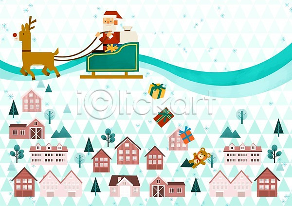 남자 노년 사람 성인 한명 PSD 일러스트 겨울 계절 굴뚝 나무 눈(날씨) 동물 루돌프 마을 사계절 산타클로스 상반신 선물 썰매 주택 크리스마스 한마리
