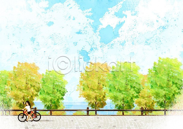 감성 산책 사람 여자 여자만 여자한명만 한명 PSD 일러스트 걷기 계절 구름(자연) 길 나무 바다 백그라운드 사계절 여름(계절) 자전거 전신 풍경(경치) 하늘