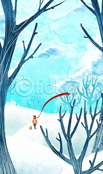 감성 산책 사람 여자 여자만 여자한명만 한명 PSD 일러스트 강아지 걷기 겨울 겨울배경 계절 나무 눈(날씨) 동물 목도리 백그라운드 사계절 설원 전신 초원(자연) 풍경(경치) 하늘 한마리