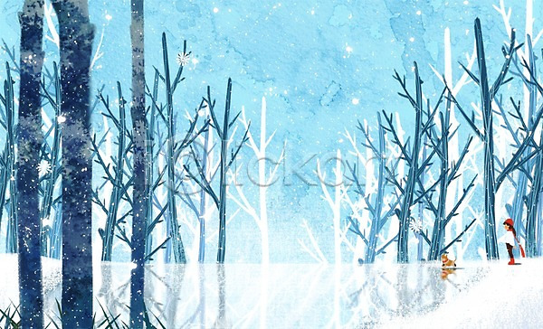 감성 사람 여자 여자만 여자한명만 한명 PSD 일러스트 강가 강아지 겨울 겨울배경 계절 나무 동물 백그라운드 사계절 서기 전신 풍경(경치) 하늘 한마리