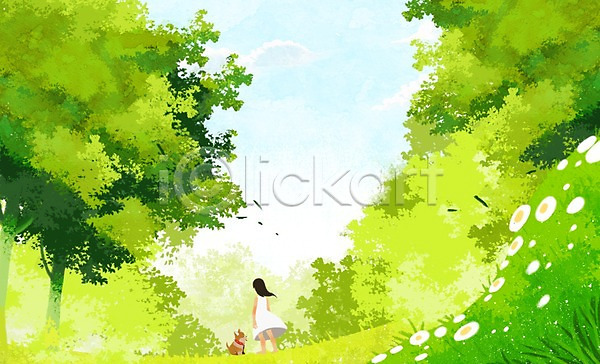 감성 산책 사람 여자 여자만 여자한명만 한명 PSD 일러스트 강아지 계절 나무 나뭇잎 동물 백그라운드 사계절 서기 식물 언덕 여름(계절) 전신 풍경(경치) 하늘 한마리