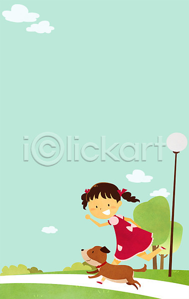 산책 소통 함께함 사람 소녀(어린이) 소녀한명만 어린이 여자 한명 PSD 일러스트 가로등 강아지 공원 구름(자연) 길 나무 달리기 동물 전신 하늘 한마리