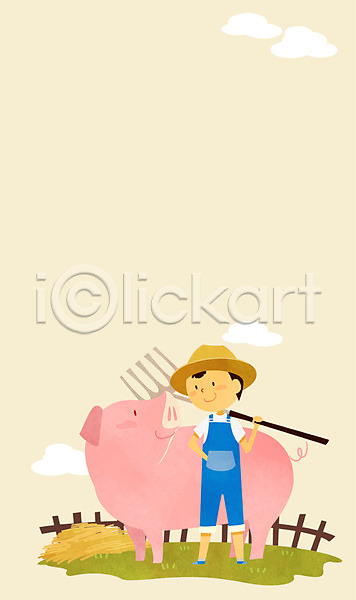 소통 함께함 남자 사람 소년 소년한명만 어린이 한명 PSD 일러스트 구름(자연) 농부 농장 동물 돼지 서기 전신 하늘 한마리