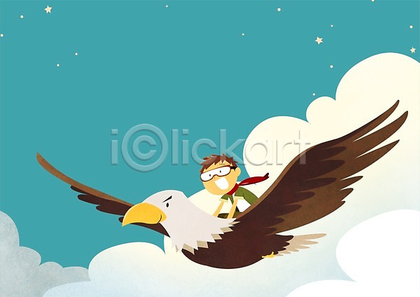 소통 함께함 남자 사람 소년 소년한명만 어린이 한명 PSD 일러스트 구름(자연) 독수리 동물 별 비행 상반신 올라탄 조류 하늘 한마리
