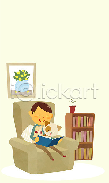 소통 함께함 남자 사람 소년 소년한명만 어린이 한명 PSD 일러스트 강아지 독서 동물 들기 소파 앉기 액자 읽기 전신 책 책장 한마리