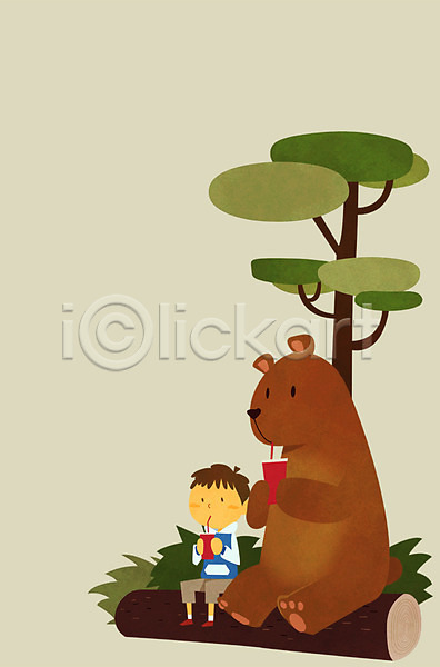 소통 함께함 남자 사람 소년 소년한명만 어린이 한명 PSD 일러스트 곰 나무 동물 들기 마시기 앉기 음료 통나무 한마리