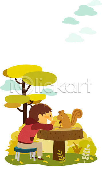 소통 함께함 남자 사람 소년 소년한명만 어린이 한명 PSD 일러스트 가을(계절) 계절 구름(자연) 나무 나뭇잎 다람쥐 동물 미소(표정) 앉기 전신 풀(식물) 한마리