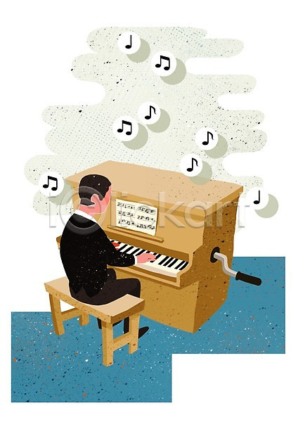 남자 사람 성인 한명 PSD 일러스트 건반 문화 문화예술 악기 악보 앉기 연주 예술 음표 의자 전신 피아노(악기) 피아니스트