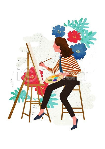 사람 성인 여자 한명 PSD 일러스트 그림 꽃 문화 문화예술 물감 미술 붓 앉기 예술 의자 이젤 전신 화가