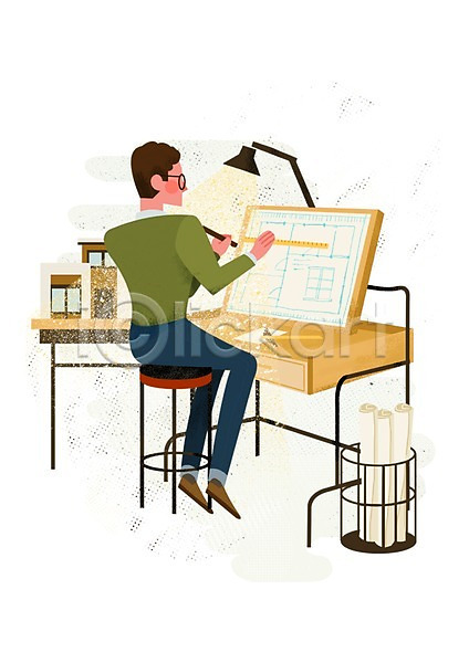 설계 남자 사람 성인 한명 PSD 일러스트 건축 디자이너 디자인 문화 문화예술 앉기 예술 인테리어 전신 탁자