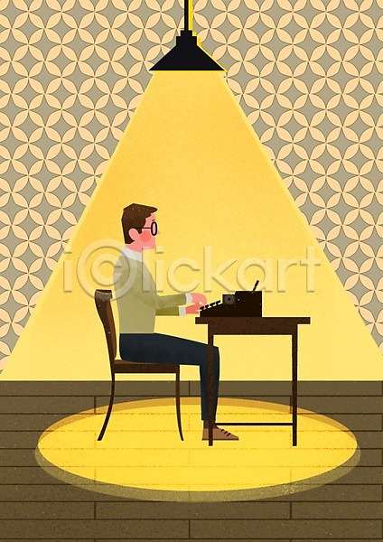 남자 사람 성인 한명 PSD 일러스트 문화 문화예술 소설가(직업) 앉기 예술 원고 의자 작가 전신 조명 타자기 탁자