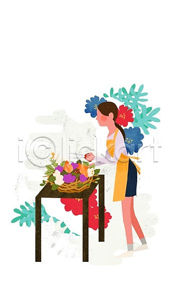사람 성인 여자 한명 PSD 일러스트 꽃 디자인 문화 문화예술 바구니 서기 예술 전신 탁자 풀(식물) 플로리스트
