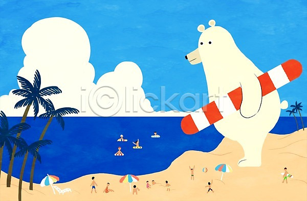 소통 함께함 사람 여러명 PSD 일러스트 계절 구름(자연) 나무 동물 바다 백곰 여름(계절) 튜브 파라솔 해변