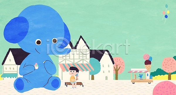 소통 함께함 남자 사람 소년 소년한명만 어린이 한명 PSD 일러스트 나무 동물 두마리 마을 상점 식물 아이스크림 앉기 전신 주택 쥐 코끼리 풍선