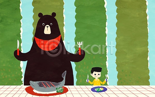 소통 순수 함께함 남자 사람 소년 소년한명만 어린이 한명 PSD 일러스트 곰 나이프 동물 상반신 식사 포크 한마리