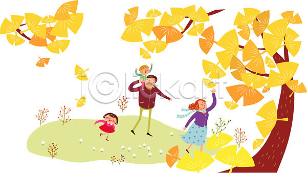 산책 함께함 행복 화목 남자 사람 성인 어린이 여러명 여자 AI(파일형식) 일러스트 가을(계절) 가정의달 가족 계절 나무 단풍 딸 소풍 식물 아들 아빠 엄마 은행나무 은행잎 전신