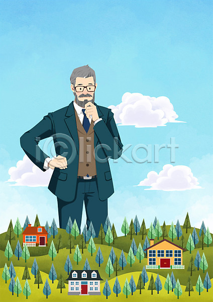 열정 투자 남자 사람 성인 중년 한명 PSD 일러스트 거인 관찰 구름(자연) 나무 마을 부동산 비즈니스 비즈니스맨 식물 언덕 주택 하늘