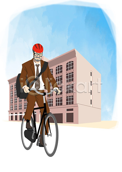 열정 남자 사람 성인 중년 한명 PSD 일러스트 가방 건물 비즈니스맨 빌딩 야외 자전거 주간 출근 헬멧