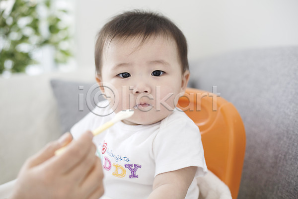 귀여움 남자 남자아기만 남자아기한명만 동양인 사람 아기 아기만 한국인 한명 JPG 포토 국내포토 먹기 숟가락 스튜디오촬영 실내 아기의자 음식 이유식