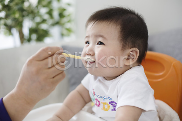 귀여움 남자 남자아기만 남자아기한명만 동양인 사람 아기 아기만 한국인 한명 JPG 포토 먹기 숟가락 스튜디오촬영 실내 아기의자 음식 이유식