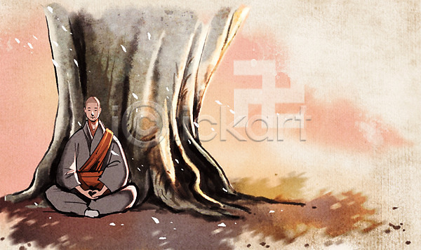 신비 남자 사람 성인 한명 PSD 일러스트 나무 명상 백그라운드 불교 수묵화 승 승려 야외 종교 주간 중 차분