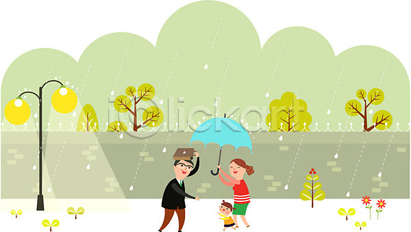 격려 기쁨 남자 사람 성인 세명 어린이 여자 AI(파일형식) 일러스트 가로등 가족 거리 나무 날씨 마중 비(날씨) 식물 야외 우산 주간 퇴근