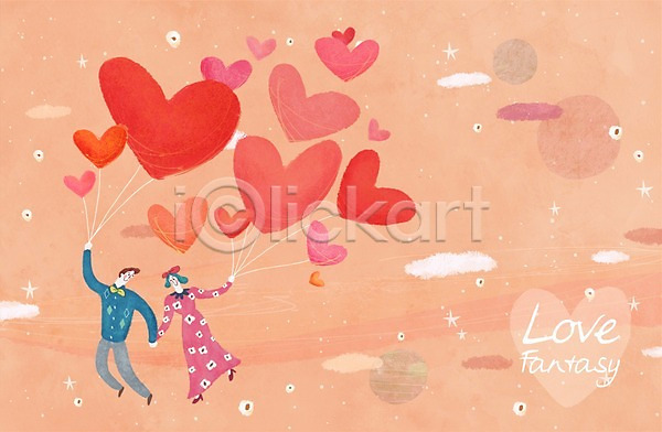 로맨틱 사랑 상상 함께함 남자 두명 사람 성인 여자 PSD 일러스트 구름(자연) 비행 이벤트 커플 판타지 풍선 하늘 하트