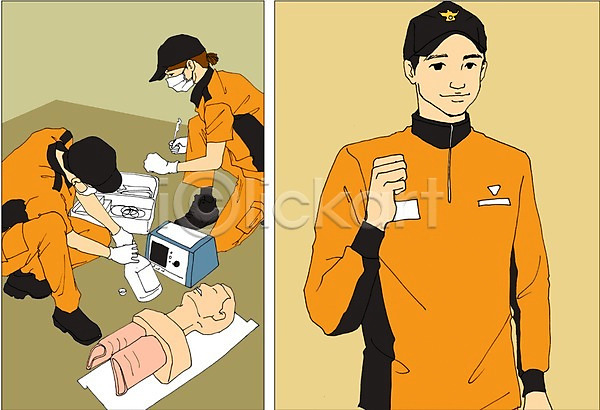 열정 남자 사람 성인 성인만 세명 여자 PSD 일러스트 구조원 마네킹 만화 아트툰 응급 응급치료 의료기기 직업