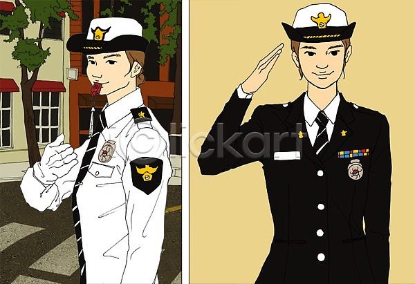 열정 두명 사람 성인 성인여자만 여자 PSD 일러스트 경찰 교통정리 만화 아트툰 유니폼 직업 호루라기
