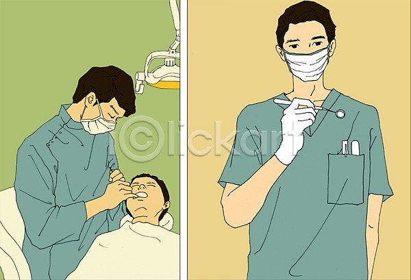 열정 남자 사람 성인 성인남자만 세명 PSD 일러스트 마스크 만화 아트툰 의사 직업 진료 치과의사