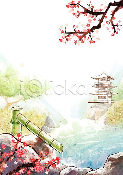 편안함 사람없음 PSD 일러스트 계절 나무 돌(바위) 물 바위(돌) 백그라운드 벚꽃 봄 봄배경 성 수채화(물감) 식물 야외 일본 주간 풍경(경치) 호수