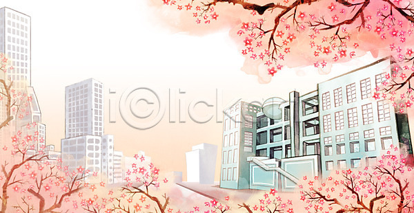 편안함 사람없음 PSD 일러스트 계절 나무 도시 백그라운드 벚꽃 봄 봄배경 빌딩 수채화(물감) 식물 야외 일본 주간 풍경(경치)