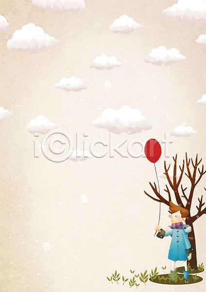 상상 신비 남자 사람 소년 소년한명만 어린이 한명 PSD 일러스트 겨울 겨울배경 계절 구름(자연) 나무 동심 목도리 백그라운드 식물 어린이상상 판타지 풍선 하늘