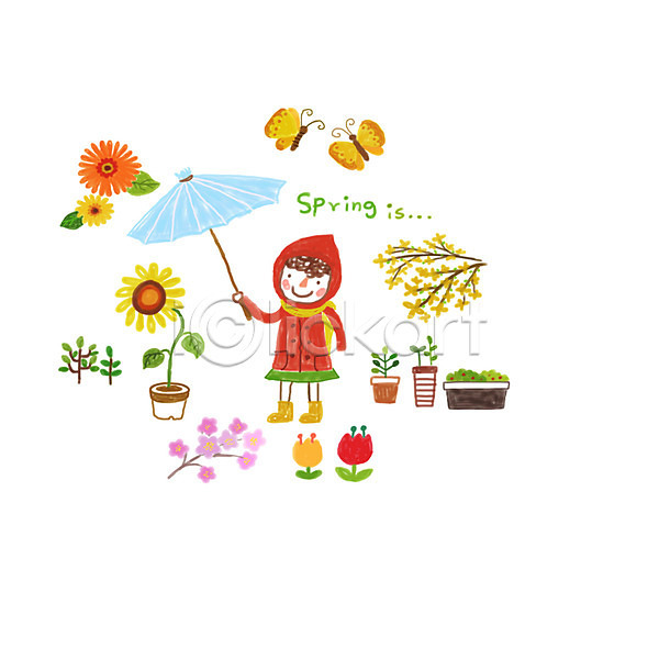 사람 성인 여자 한명 PSD 일러스트 개나리 계절 곤충 꽃 나무 나비 라이프스타일 벚꽃 봄 스티커 식물 아기자기 우산 튤립 화분