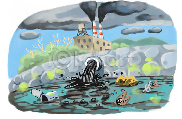 매연 수질오염 위험 환경오염 사람없음 PSD 일러스트 강 공장 손상 어류 오염 자연재해 캔 폐수 환경