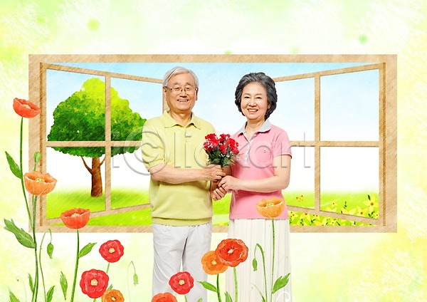 남자 노년 노인만 동양인 두명 사람 성인 성인만 여자 한국인 PSD 앞모습 편집이미지 포토일러 꽃 나무 들기 부부 상반신 식물 창문