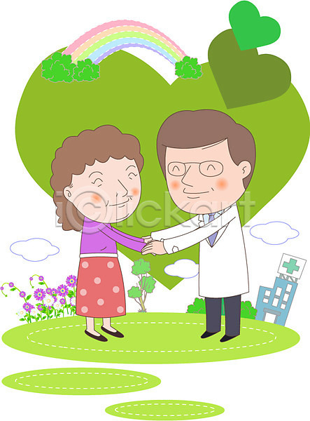 노인복지 복지 남자 노년 노인만 두명 사람 여자 AI(파일형식) 일러스트 꽃 나무 병원 손잡기 식물 의사 하트