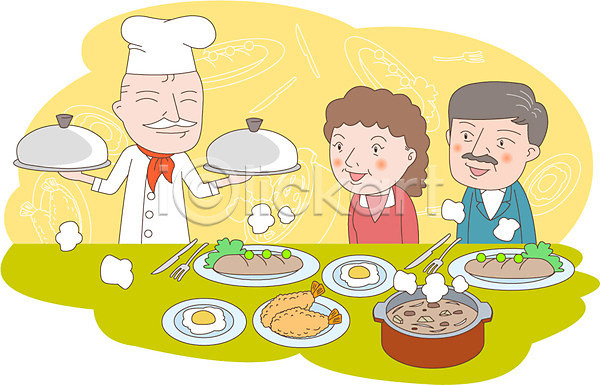 노인복지 복지 남자 노년 노인만 사람 세명 여자 AI(파일형식) 일러스트 냄비 노부부 부부 요리 요리사 요리사모자 음식 접시 조리복
