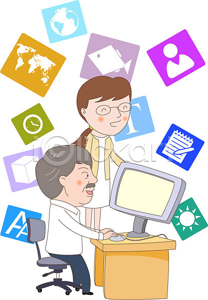 노인복지 복지 남자 노년 노인만 두명 사람 성인 여자 AI(파일형식) 일러스트 교육 마우스 의자 책상 컴퓨터