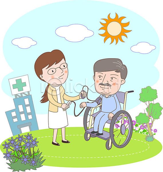 노인복지 복지 남자 노년 노인만 두명 사람 성인 여자 AI(파일형식) 일러스트 간호사 검사(조사) 꽃 나무 병원 식물 야외 주간 진료 휠체어