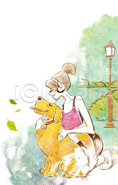 귀여움 동물보호 함께함 행복 사람 성인 여자 한명 PSD 일러스트 가로등 골든리트리버 공원 동물 야외 조깅 헤드셋