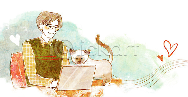 귀여움 동물보호 함께함 행복 남자 사람 성인 한명 PSD 일러스트 고양이 노트북 동물 반려동물 책상 한마리